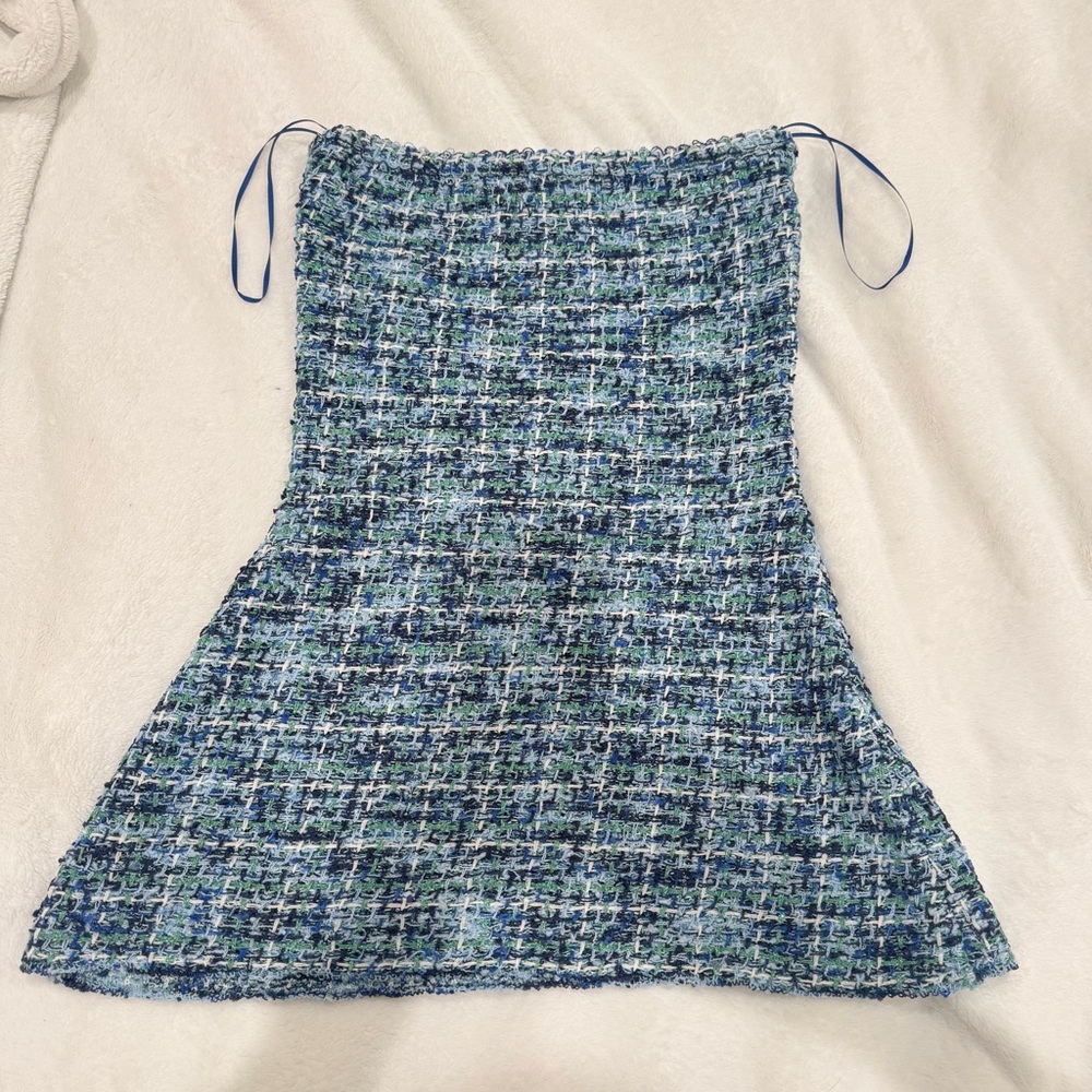 New Zara Tweed Strapless Top Tube Knitted top in Blue, Chanel-style, Without tag